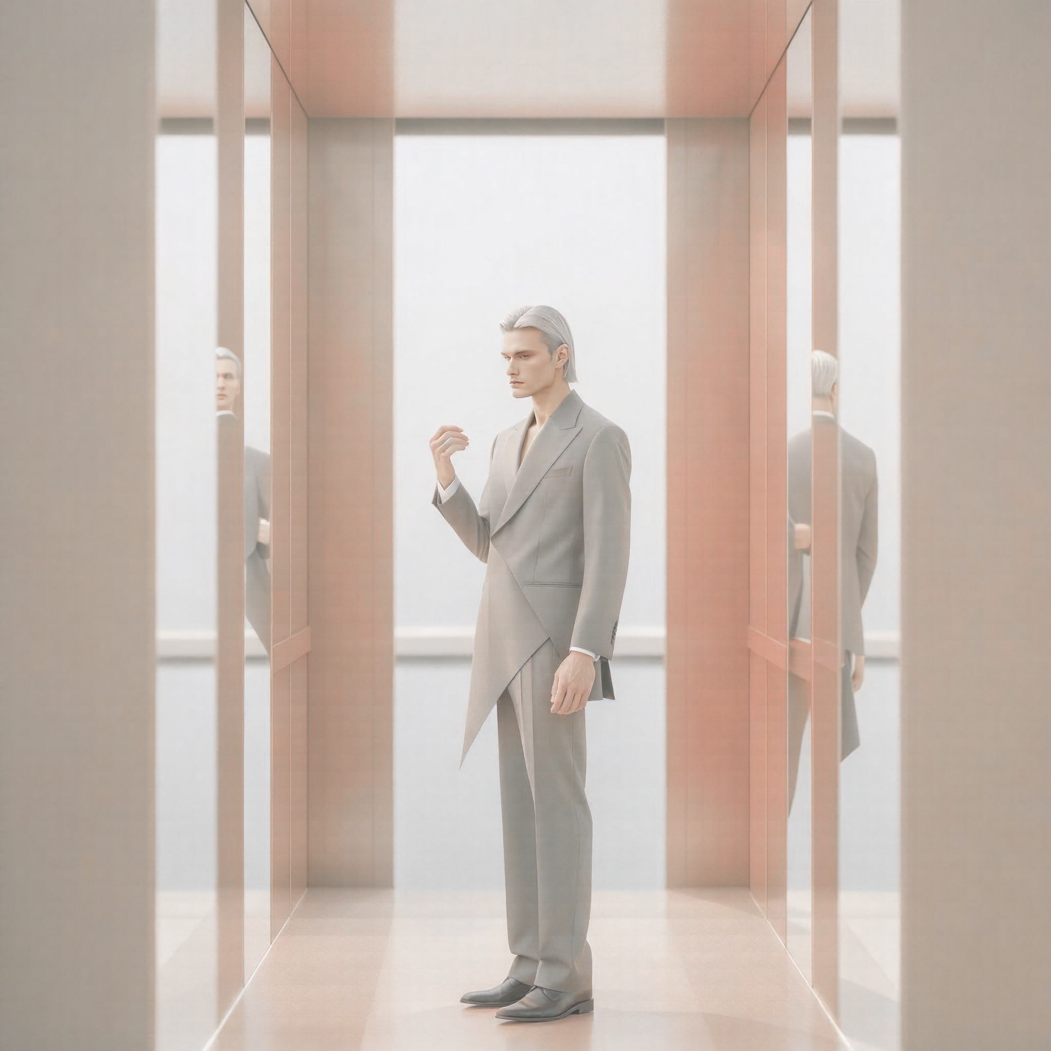A mysterious young European man standing inside an entirely deep-red luxury elevator, wearing a sculptural charcoal-gray suit with asymmetric tailoring, silver hair slicked backward, captured adjusting his cuff while staring directly toward the closing doors, polished metal walls creating fragmented reflections of him from multiple angles, minimalist neo-noir photography, strong symmetry, dramatic fashion editorial aesthetic, sophisticated and slightly unsettling.