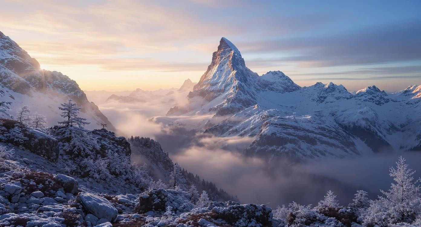 Alpine mountains at sunrise, the first golden sunlight hitting the peak of the Matterhorn. The valley below is filled with flowing morning mist. Frost-covered rocks and pine trees in the foreground. Photographed with a wide-angle lens, extremely sharp and detailed, natural color grading, epic and tranquil atmosphere. RAW photo, ultra-high resolution.