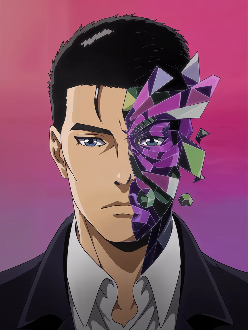 Portrait of a man whose face is morphing into geometric shapes and fractals, modern art inspired, clean color contrast, crisp and high-resolution details