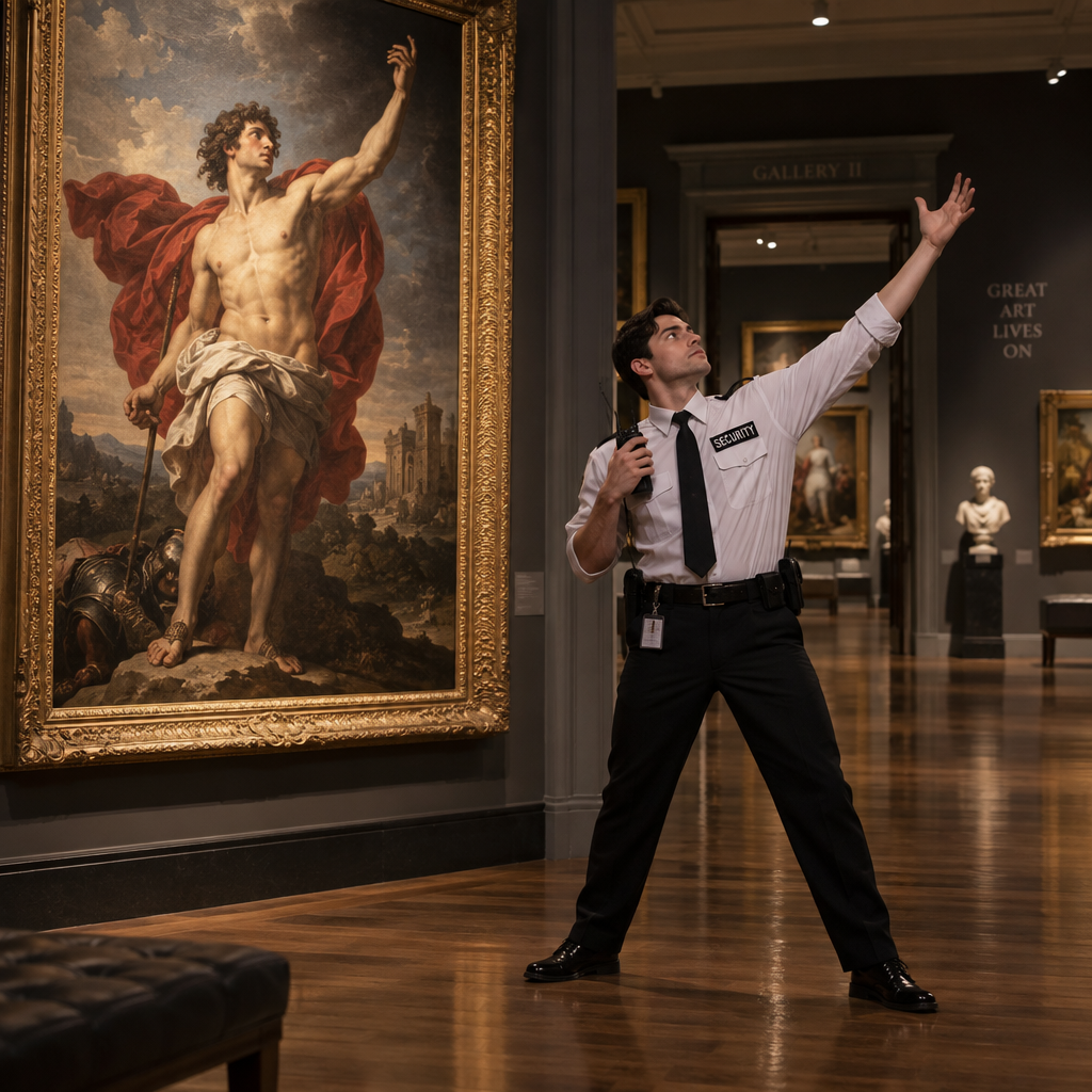 A young male museum security guard standing beside a dramatic Renaissance painting after closing time, secretly copying the exact heroic pose of the figure inside the artwork, one arm raised dramatically while still holding his security radio, empty gallery around him, polished wooden floors and ornate frames, warm museum spotlights, humorous but sophisticated cinematic photography, strong visual symmetry, highly detailed.
