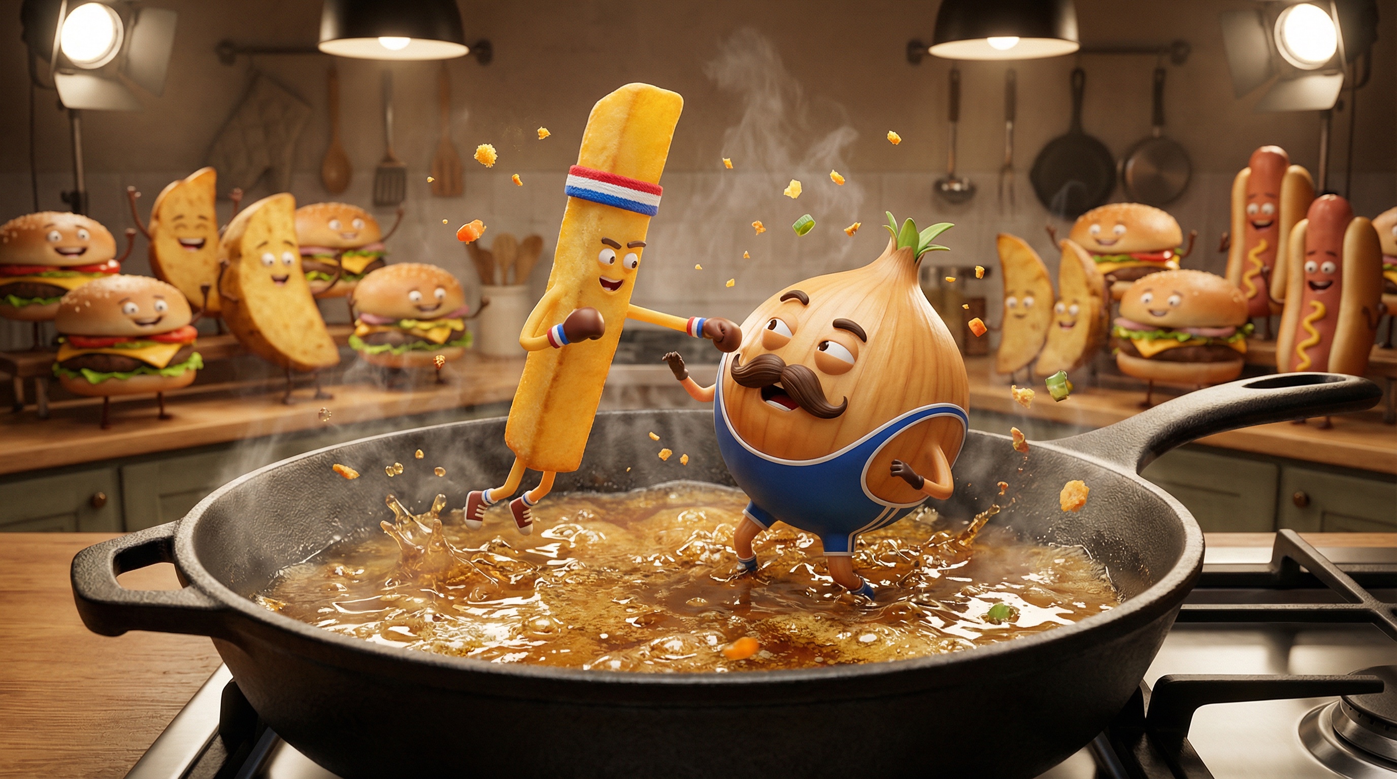 An intense, cinematic 3D animation style render of a boxing match taking place inside a large sizzling frying pan. The main characters are an anthropomorphic French fry wearing a red, white, and blue sweatband and boxing gloves, fighting against an anthropomorphic onion wearing a blue wrestling singlet and a mustache. They are in a dynamic fighting pose with hot oil splashing around their feet and flying vegetable particles. In the background, a crowd of anthropomorphic burgers, potatoes, and hot dogs are watching and cheering. The lighting is professional studio lighting with a kitchen background, high quality, octane render, hyper-realistic food textures, 8k resolution.