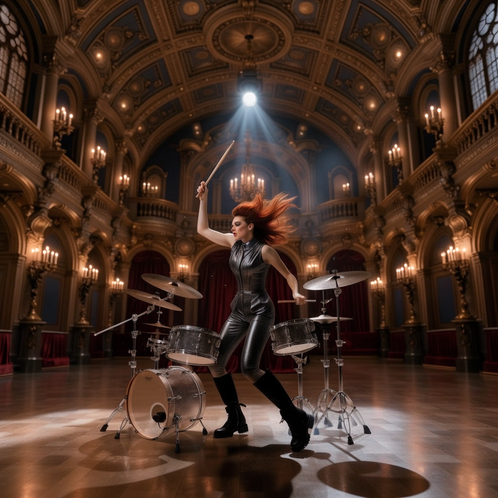 A striking young red-haired woman performing behind a transparent acrylic drum kit inside a completely cobalt-blue room, captured with one drumstick raised high and the other striking a cymbal, wearing a metallic silver sleeveless outfit and black boots, hair flying with the movement, sharp shadows, droplets of water suspended around the drums, experimental music-video photography, bold color blocking, dynamic artistic composition.