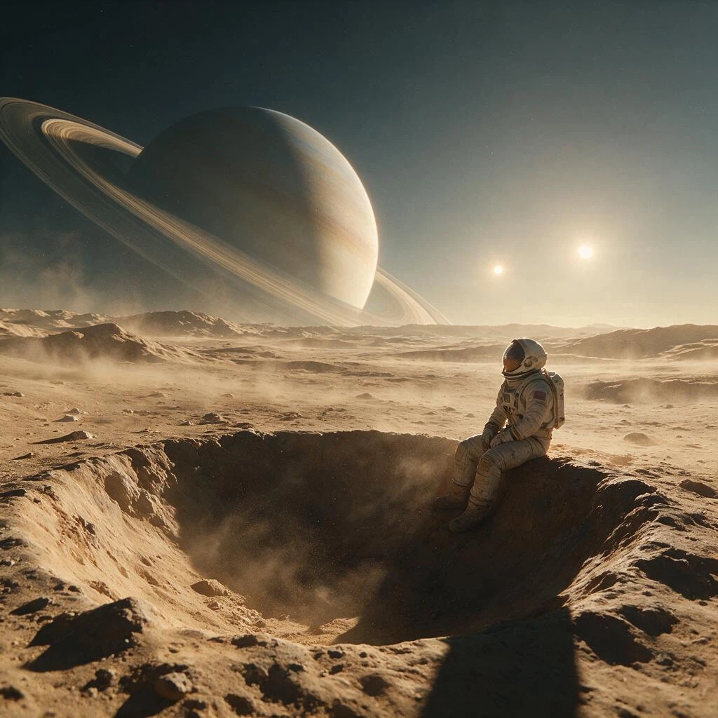 A lone astronaut in a weathered white spacesuit sitting on the edge of a crater on a d