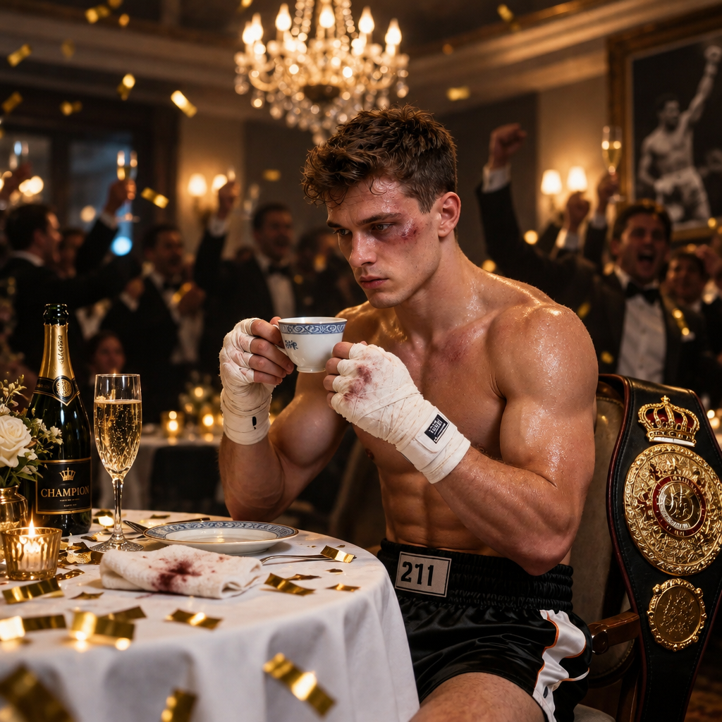 Transform the elegant dinner scene into a stylish underground champion’s celebration while preserving the boxer’s face, body build, hand wraps, and seated position. Add a championship belt draped over the chair, bruises and sweat details, cheering silhouettes in the background, and subtle gold confetti on the table. Keep the restaurant refined but give it a victorious post-fight energy. Cinematic sports-luxury contrast, cool and dramatic.