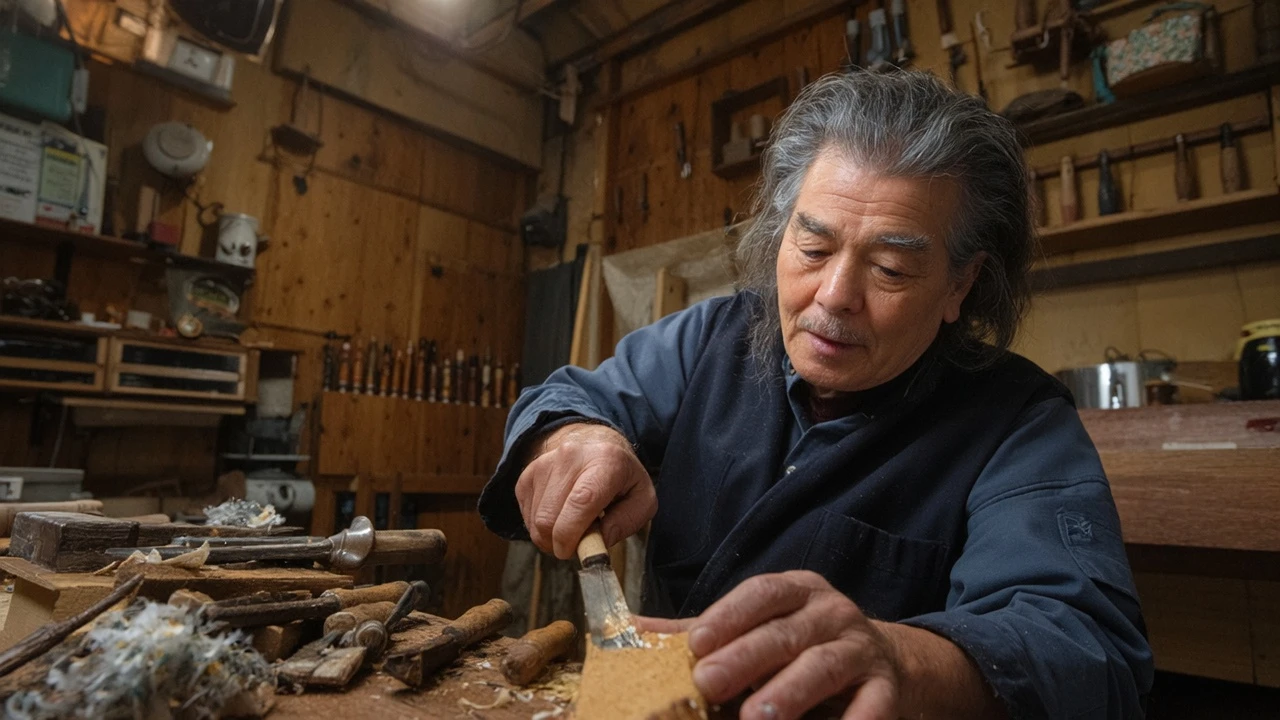 masterpiece, award-winning photograph, ultra-realistic, (photorealistic:1.4), 8K, RAW photo, extremely detailed, soulful and poignant. An elderly 75-year-old Japanese woodworker, his weathered face a topographical map of his life with deep wrinkles, intensely focused yet kind eyes shining in the dim light. He wears a faded indigo traditional samue, its fabric softened by countless washes, cuffs frayed. He is hunched over a heavy, century-old keyaki wood workbench, scarred with cuts and littered with wood shavings. His gnarled, skillful hands, calloused and stained, are carefully carving an intricate pattern onto a piece of fragrant hinoki cypress wood with a family heirloom chisel, its blade gleaming. Hand-forged tools hang neatly on a pegboard wall behind him, a small shinto shrine sits in a corner. The scene is solely illuminated by a single, unshielded incandescent bulb, casting a pool of intense, warm light and long, dramatic shadows, highlighting the rich texture of the wood, the weathered skin, and the dust motes dancing in the golden beam. Macro shot focusing on his hands and the carving tool, extremely shallow depth of field. Shot on a Canon EOS R5 with a 100mm f/2.8L macro lens.