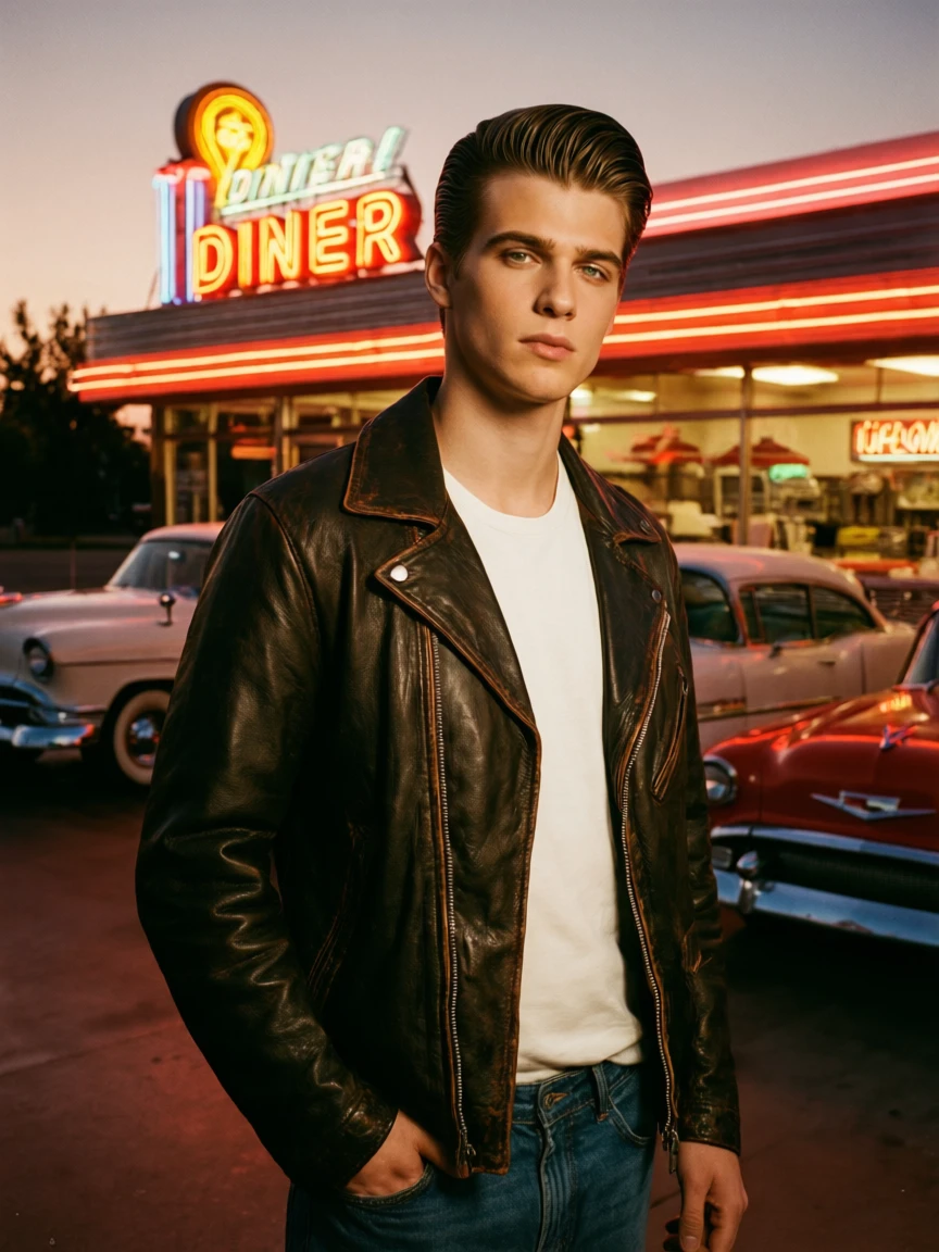 The same young man reimagined as a 1950s greaser,
slicked-back hair, vintage leather jacket,
standing under a classic diner neon sign at dusk,
old American cars in the background.
Film grain, warm retro tones, editorial portrait.