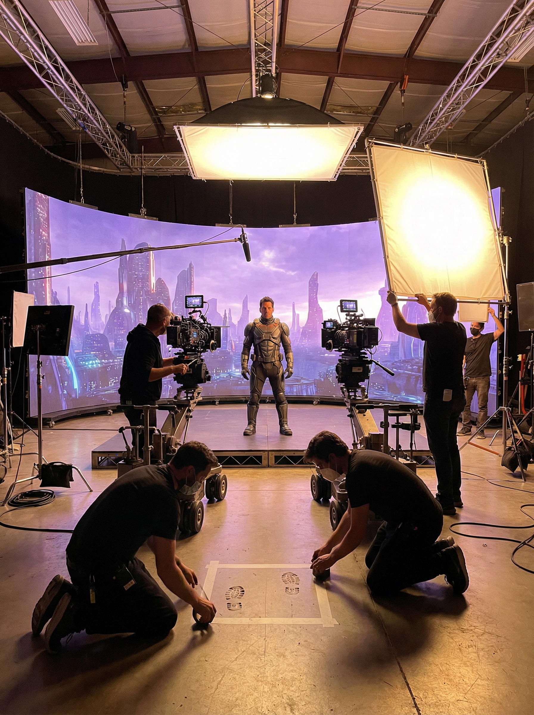 actor standing on set surrounded by two large cinema cameras, LED walls behind creating a sci-fi backdrop illusion, crew marking positions on the floor, realistic production lighting, ultra-real cinematic style
