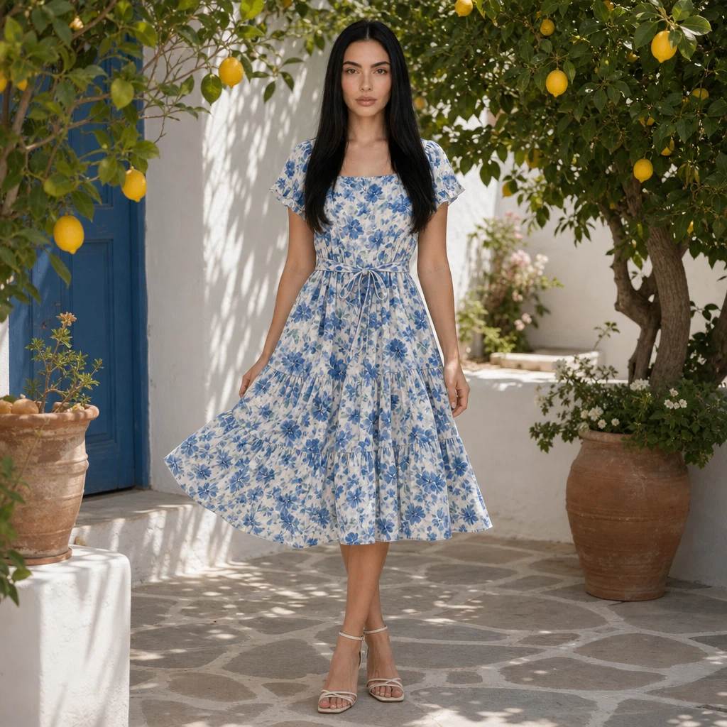 Create a professional e-commerce fashion photo: the woman from the first image wears the blue floral summer dress from the second image. Keep her face and long black hair identical. Full-body shot, standing in a sunny Mediterranean garden with white walls and lemon trees, natural relaxed pose, soft daylight.