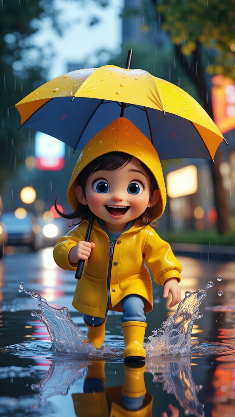 The girl walked in the rainy night, holding an umbrella.