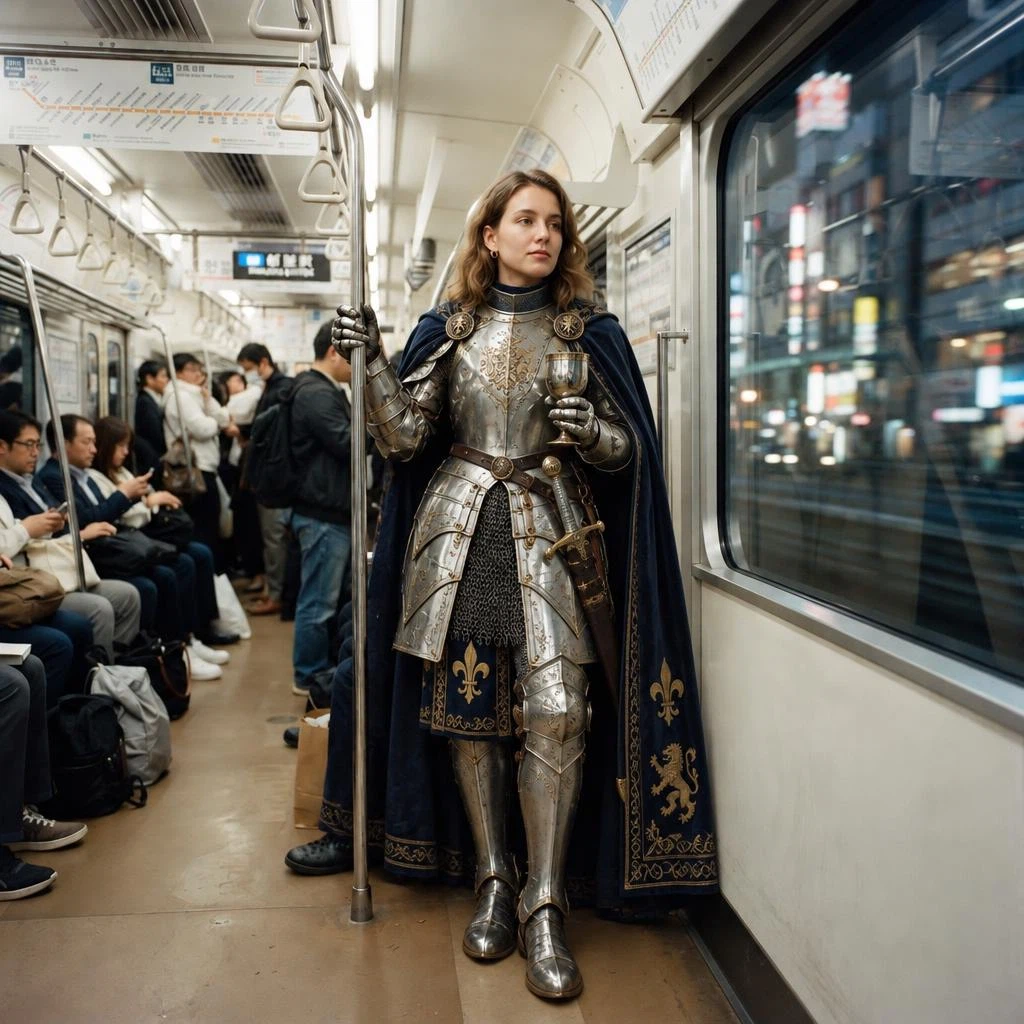 Transform the woman into a medieval knight displaced in the modern world while preserving her exact face, posture, and overall body proportions. Replace the trench coat with elegant silver armor and a dark blue cloak, transform the coffee cup into a polished metal goblet, and add a sheathed sword at her side. Keep the subway carriage modern and realistic so the contrast feels humorous and visually striking. Cinematic realism, refined detail, interesting character contrast.