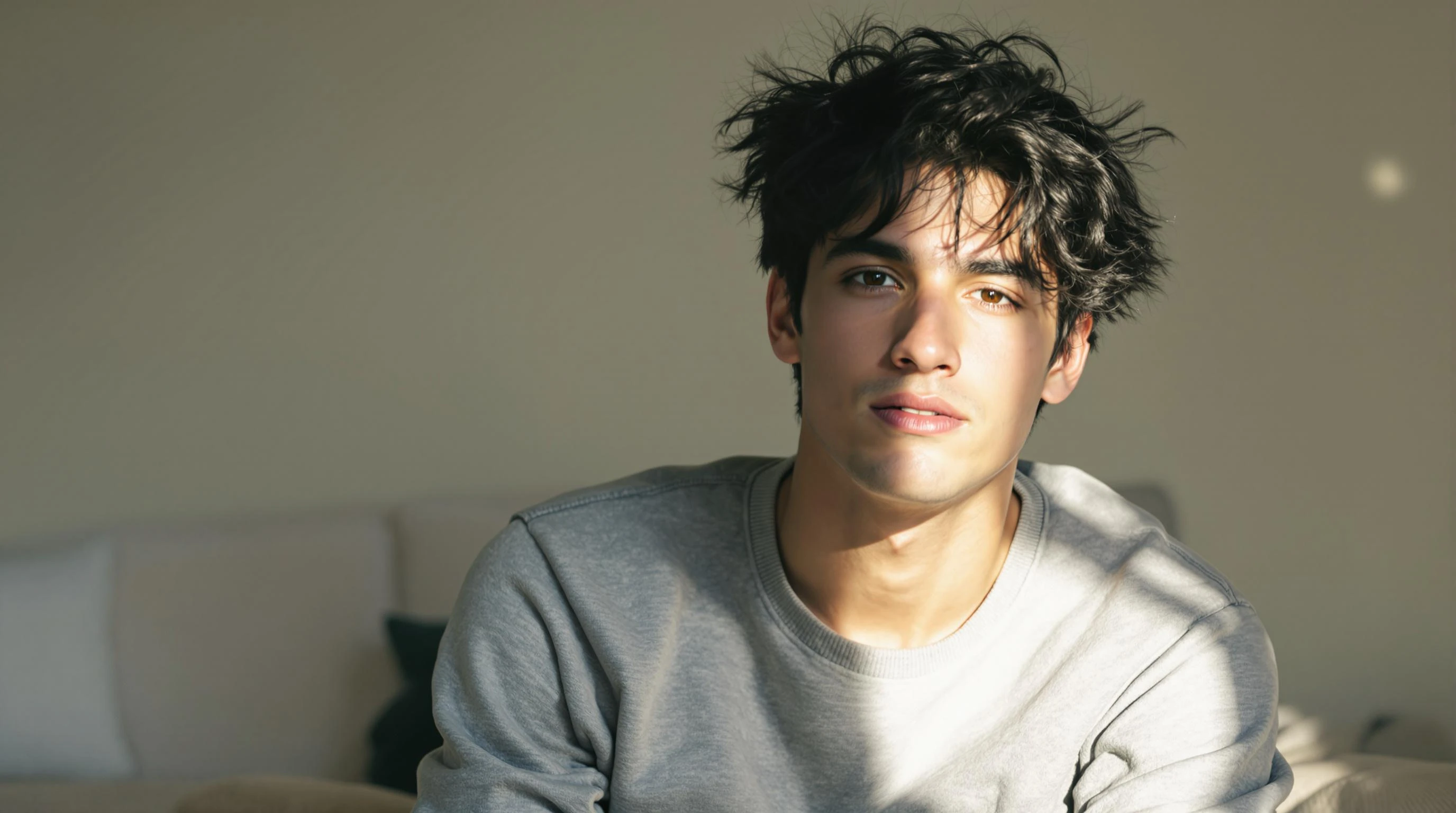 A soft-lit portrait of a young man with tousled black hair, seated casually in a neutral-toned room. He wears a stone gray sweatshirt, light falls naturally across his face, casting gentle shadows. The background is minimal, evoking a calm, introspective mood.