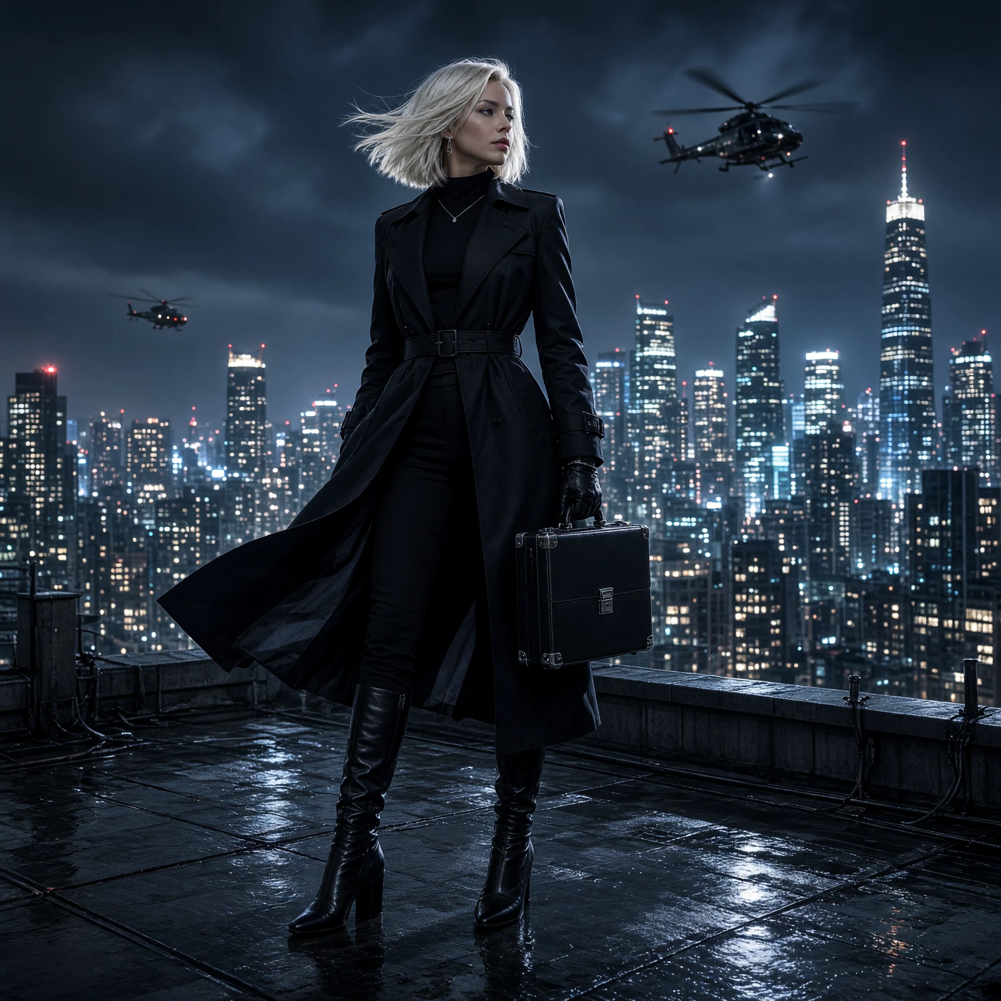 A stylish young foreign woman with platinum blonde bob hair standing on a rooftop overlooking a modern city at night, wearing a tailored black trench coat, slim leather gloves, high boots, and subtle silver jewelry, holding a compact briefcase, helicopters and glowing skyscrapers in the distance, wind moving her coat dramatically, sleek spy-thriller atmosphere, cinematic lighting, full-body composition, highly detailed realism.
