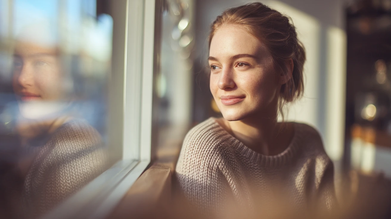 A candid photograph of a young woman in her early 20s sitting in a cozy, sun-drenched coffee shop. She has a natural, gentle smile as she looks out the window. She is wearing a simple knitted sweater. Soft morning light illuminates the fine details of her face, including light freckles across her nose. Shot on a 50mm f/1.4 lens, shallow depth of field, photorealistic.