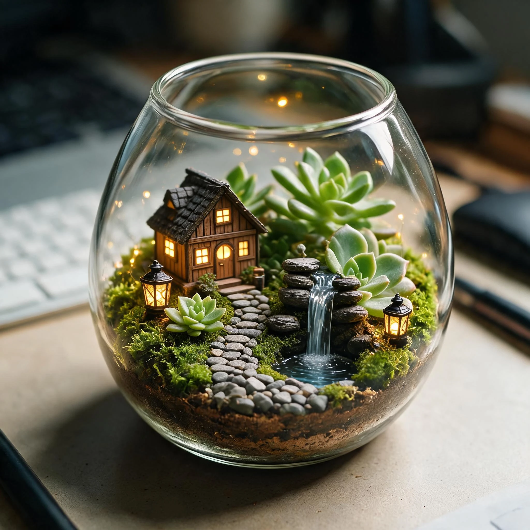 Turn this terrarium into a tiny magical world: add a miniature glowing cottage, a winding pebble path, tiny lanterns, and a small waterfall among the succulents, with warm fairy light glowing inside the glass. Keep the glass bowl and desk.