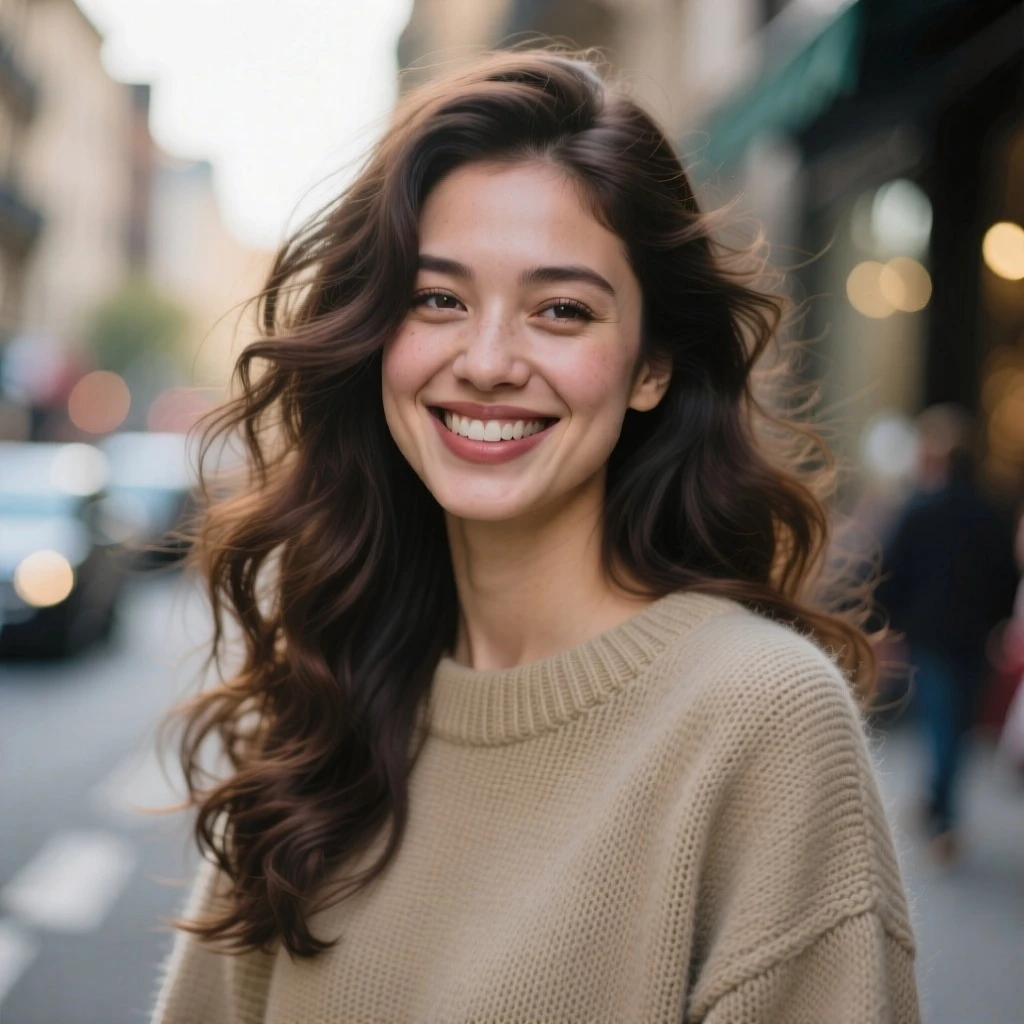 A close-up portrait of a stylish woman with wavy, dark brown long hair and a warm smile, wearing a beige cashmere sweater. The background is a blurred city street with a soft bokeh effect. Natural afternoon light, cinematic, photorealistic, high detail, 8K.