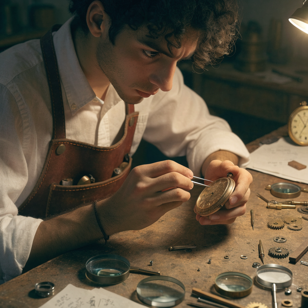 A young male antique restorer sitting at a wooden workbench, wearing a rolled-sleeve shirt and leather apron, holding an open antique pocket watch with tiny repair tweezers. Magnifying lenses, brass tools, gears, and old watches surround him. Warm directional lamp light, cinematic craftsmanship, highly detailed.
