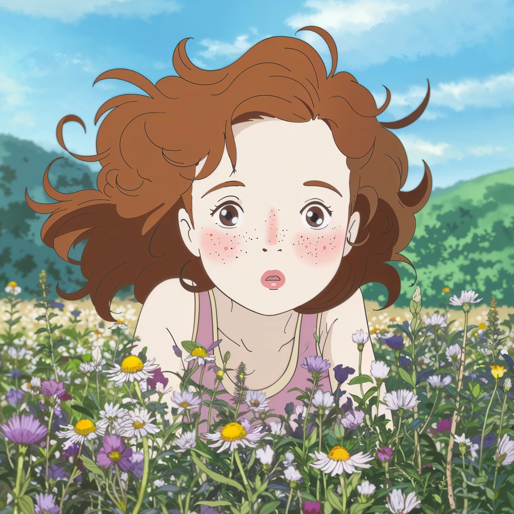Girl with freckles and curly red hair lying in a field of wildflowers, soft natural light, macro-level skin details, gentle breeze captured in motion
