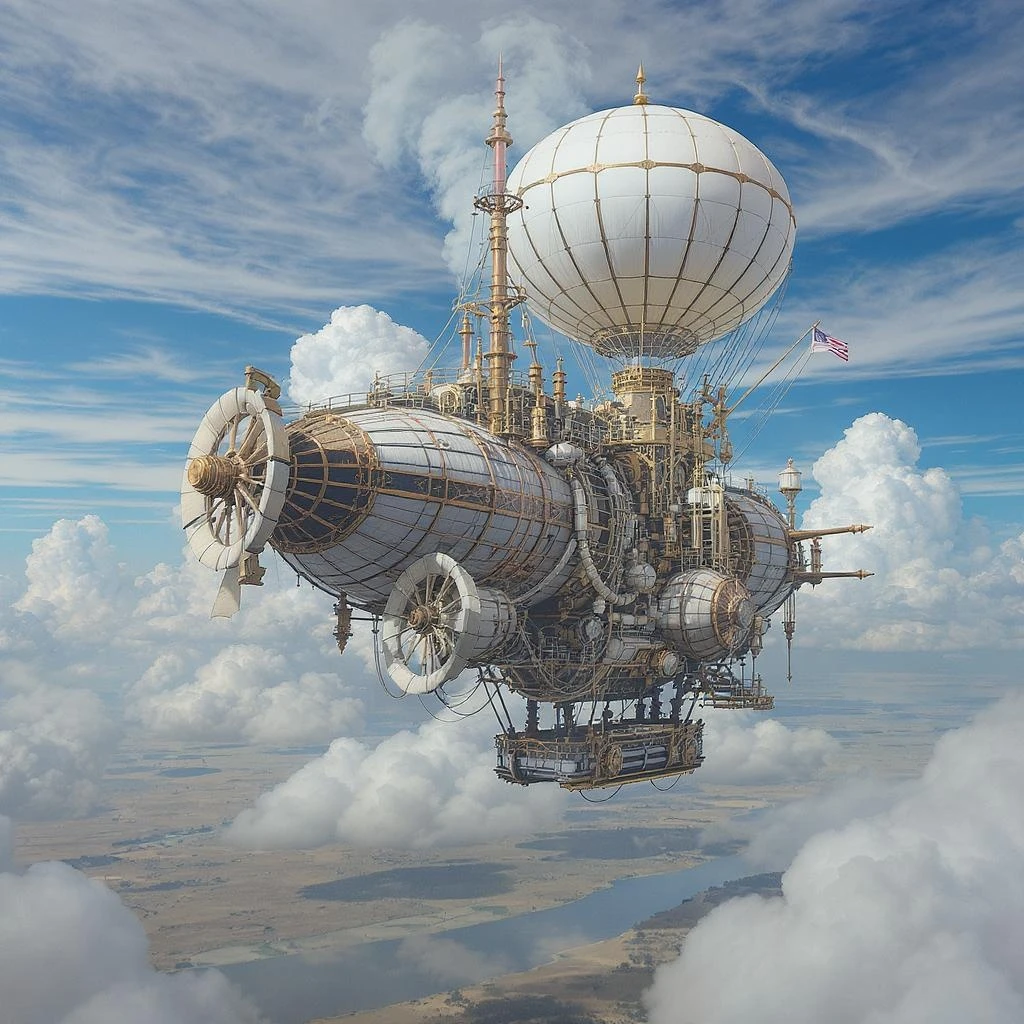 A grand steampunk airship soaring through the sky, with intricate brass and copper details, large propellers spinning, and a massive balloon filled with hot air. The airship is adorned with Victorian-style architecture, featuring ornate railings and decorative elements. The sky is a brilliant blue with fluffy white clouds, and the airship casts a shadow on the landscape below. The scene conveys a sense of adventure and exploration