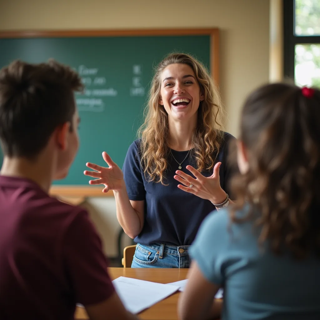 Education - Teacher explaining a concept with enthusiastic expressions, occasional nods and