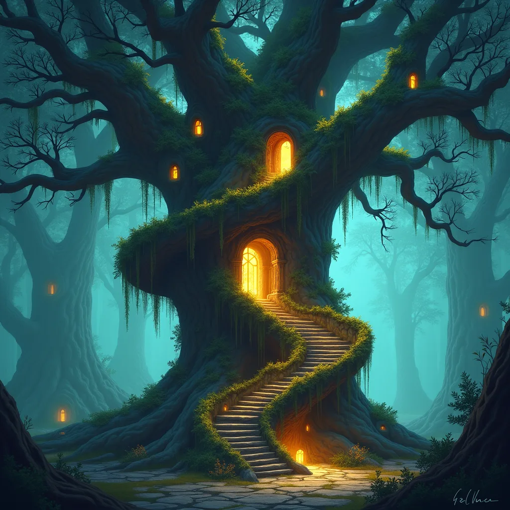 Fantasy - Ethereal elven city built into massive ancient trees, bioluminescent bridges, so