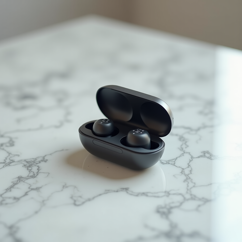 Text-to-Image - Professional product photo of wireless headphones on marble surface, studio ligh