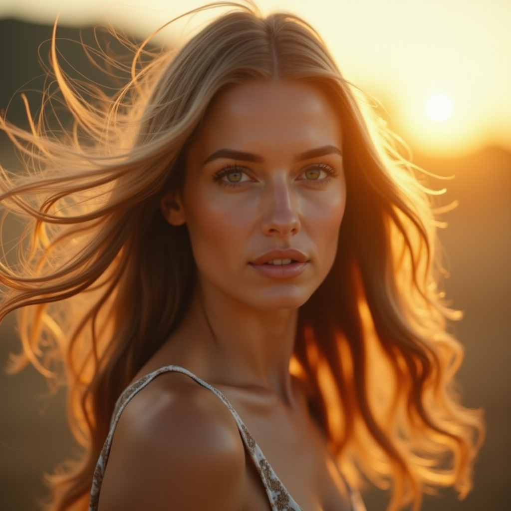 Portrait - Hyperrealistic portrait of a young woman with freckles, golden hour sunlight, sh