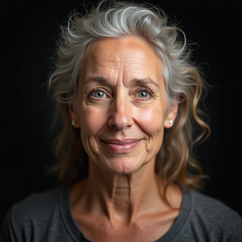 Aging - Portrait of a young woman aged to 70 years old with natural wrinkles and gray ha