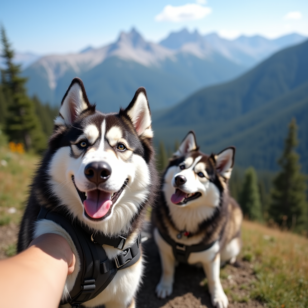 Adventure - Husky wearing sunglasses on a mountain trail, panoramic vista, adventure style.