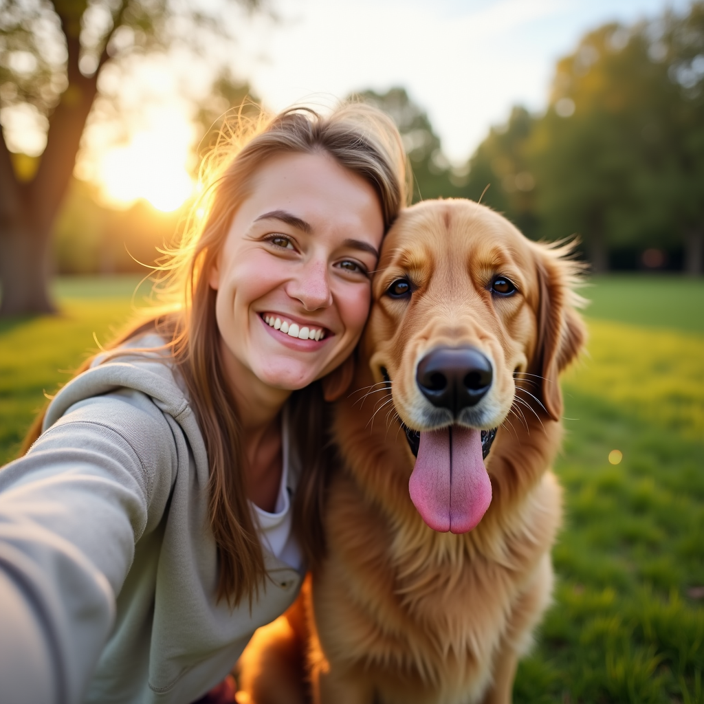 Portrait - Golden Retriever taking a selfie at the beach, sunset lighting, happy expression
