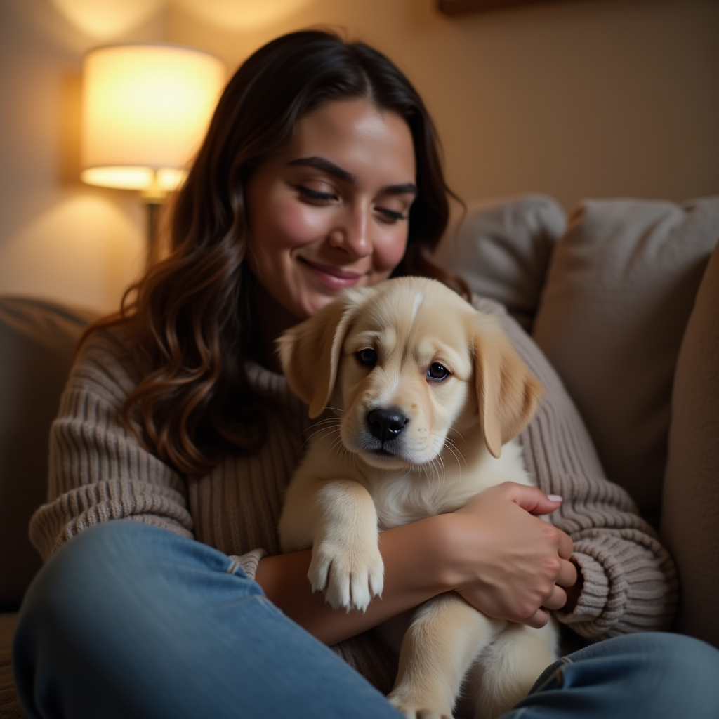 Indoor - Puppy playing with toys in a cozy living room, warm ambient lighting, close-up d