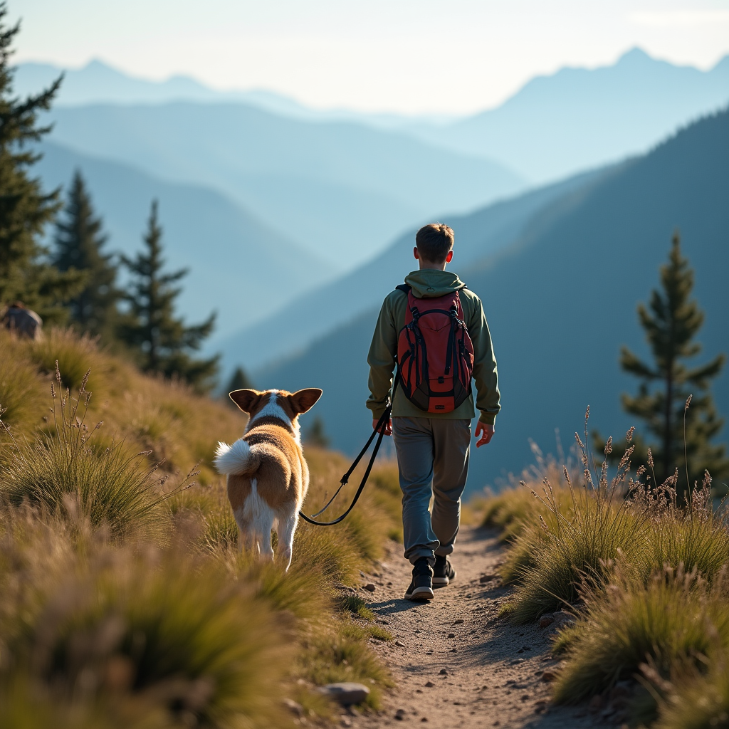 Adventure - Husky hiking through snowy mountains, epic landscape, drone-style aerial footage