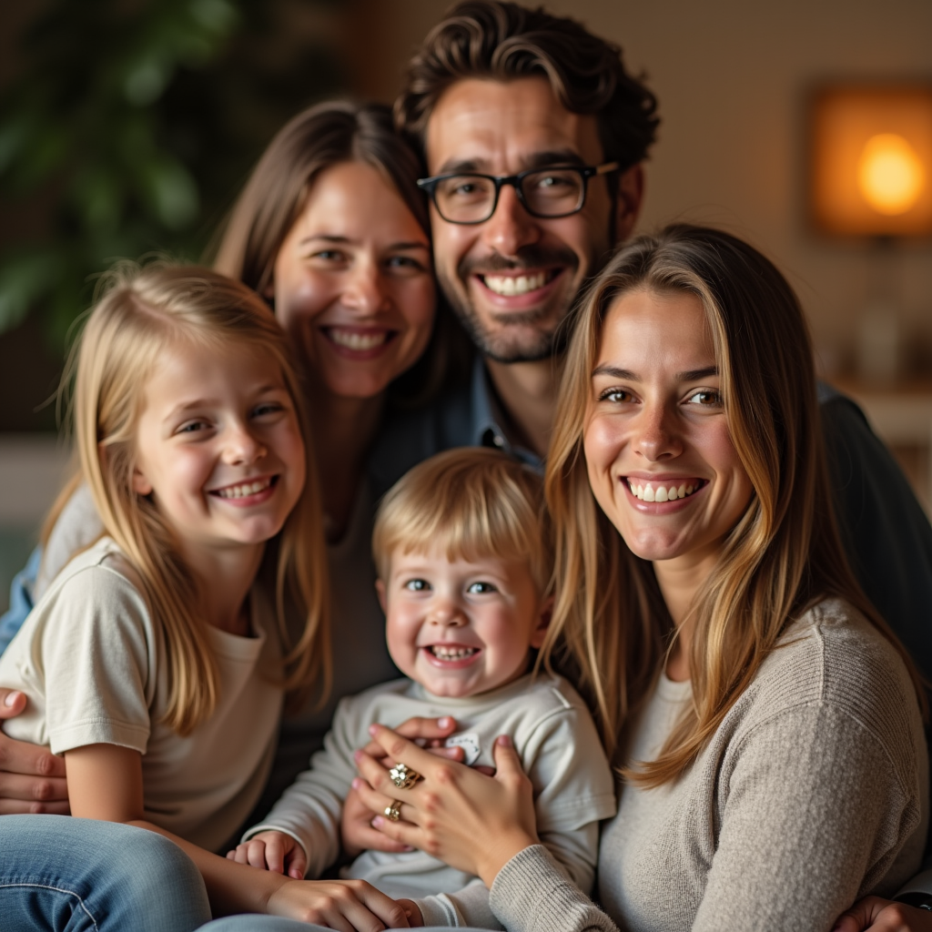 Group - Family photo with natural smiles added to all four members simultaneously.