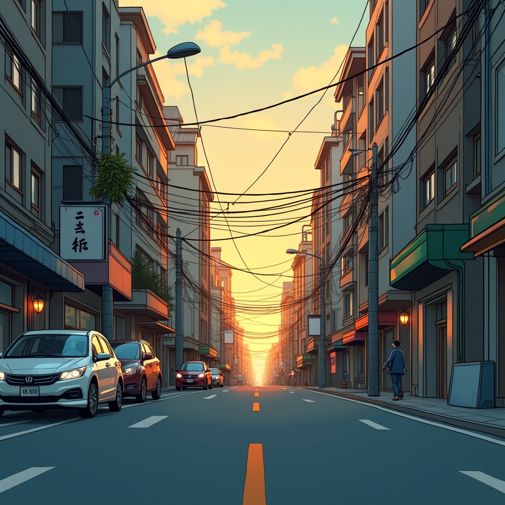 Urban - Convert a city street time-lapse into Ghibli anime urban scenery with warm light