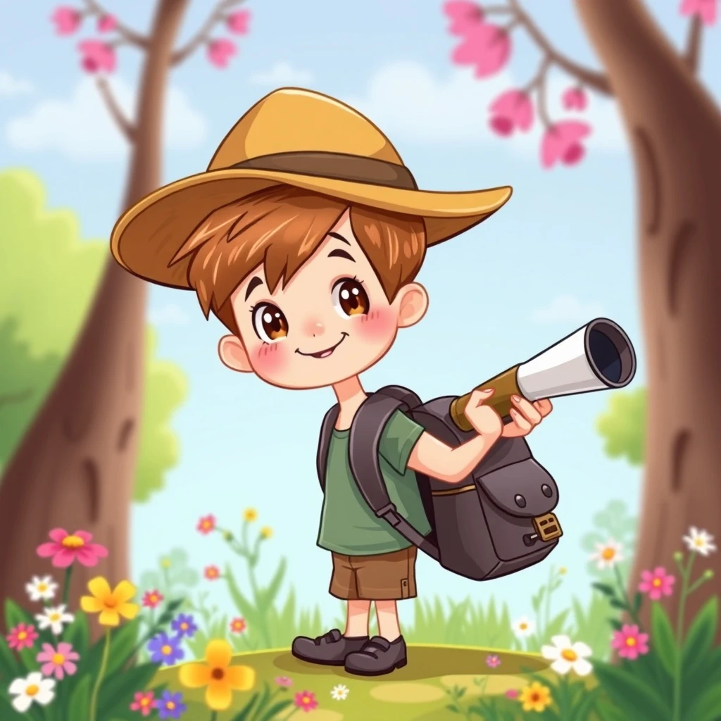Cute boy with a hat, exploring nature, holding a telescope, backpack, surrounded by flowers, cartoon style, vibrant colors.
