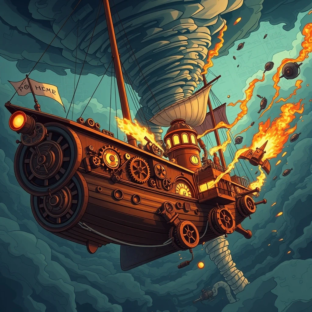 Steampunk airship battle in tornado, gear mechanisms exposed with animated blueprints, cel-shaded cinematic