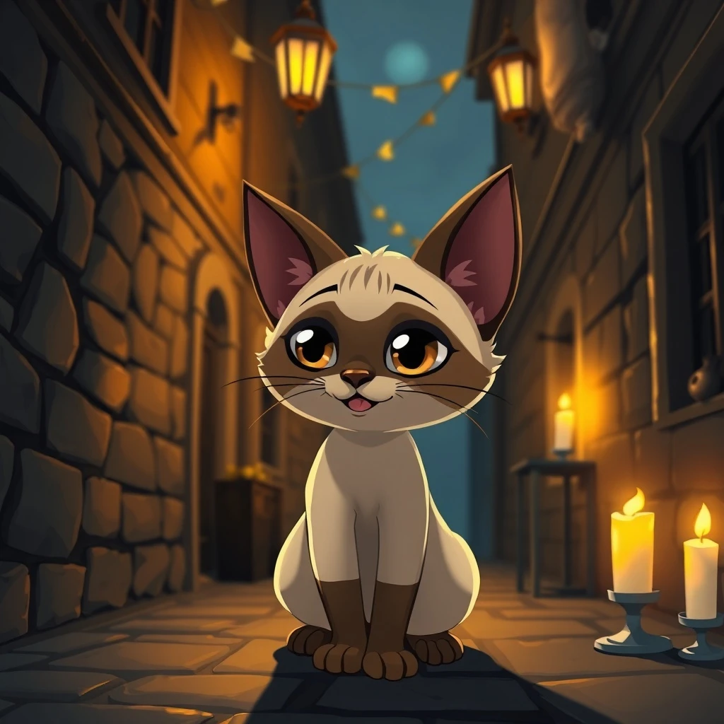 Animated Siamese cat, candlelight, mysterious alley, cartoon style, warm glow