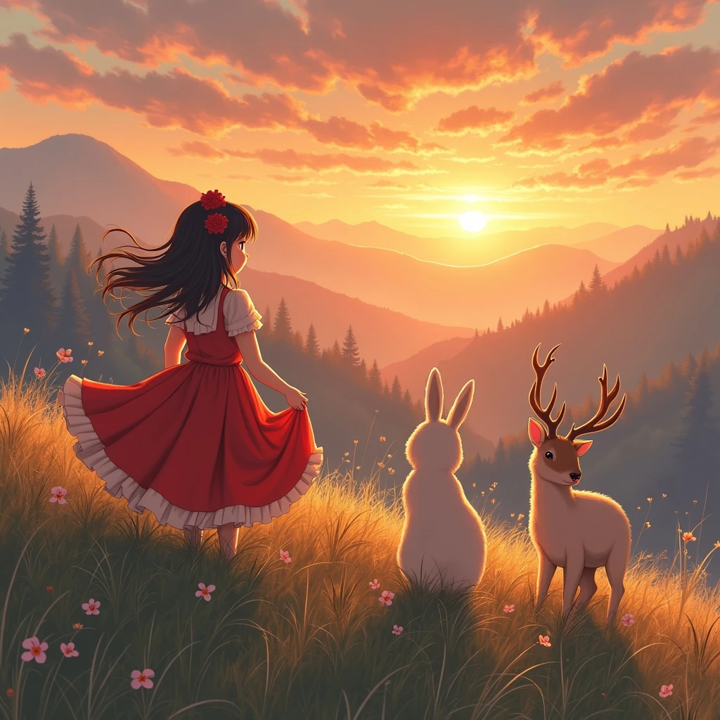 Girl in red dress, hilltop, white deer, rabbits, sunset, japanese anime style