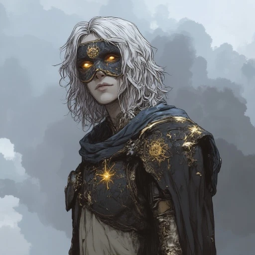 in the style of cksc,, Stylized illustrative noir, strong line art, bold color palettes, dynamic contrasts, atmospheric storytelling, detailed character designs, cinematic framing, varied settings including historical, fantasy, cyberpunk, and western themes, dramatic lighting, immersive environments., A male scourge Aasimar with golden skin, medium-length wavy platinum hair, and a small tattoo of the symbol of Solara, which is a simplified sun symbol with eight points. He should be wearing a simple, off-white tunic with scale mail armor bearing the same symbol of Solara as his tattoo. He has a mask similar to the one I uploaded with golden light emitting from it.