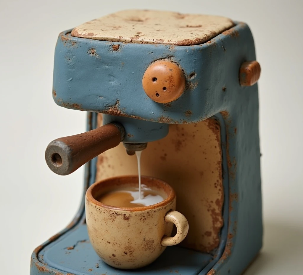3D clay-like texture coffee machine is making coffee, handcrafted appearance, a clay-like milk box is next to the coffee machine 
