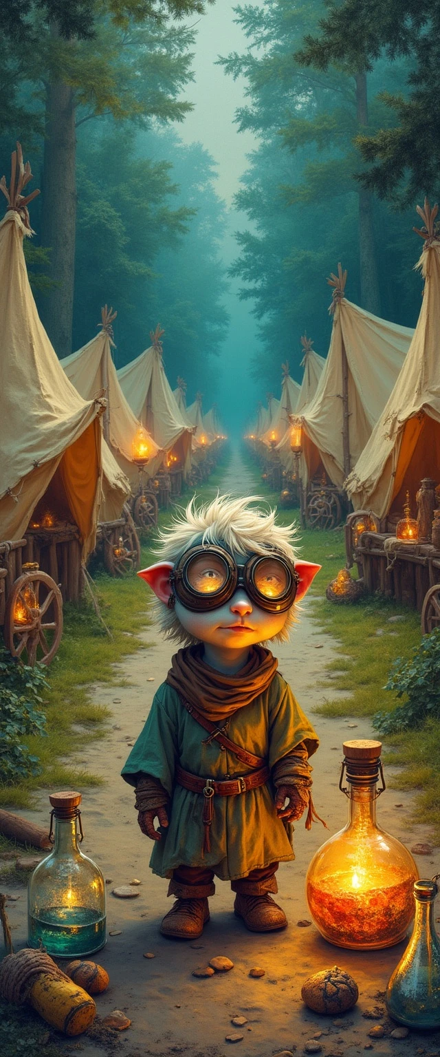 Collage art with mixed media, layered textures, and vibrant colors. A lively medieval caravan campsite unfolds at a crossroads, featuring canvas tents nestled on the edge of a lush forest, glowing lanterns illuminating the scene, and a circle of covered wagons. In the foreground, a small, impish male kender alchemist stands, exuding curiosity and playfulness. His fair skin contrasts sharply with his short, tousled hair, emphasizing his youthful demeanor. He wears protective goggles, surrounded by an array of bubbling vials and concoctions, embodying his adventurous spirit. The lively environment suggests a fantasy theme, filled with eclectic, playful designs that draw the viewer in. The background captures a dynamic arrangement of tents and wagons, while the foreground showcases the kender's focused pose, contemplating his latest experiment. The color scheme is rich and vibrant, with bright highlights from the lanterns and dark shadows resembling the forest backdrop. The lighting is warm and inviting, creating a whimsical atmosphere, and the textures range from the smooth surface of the glass vials to the roughness of the canvas tents.