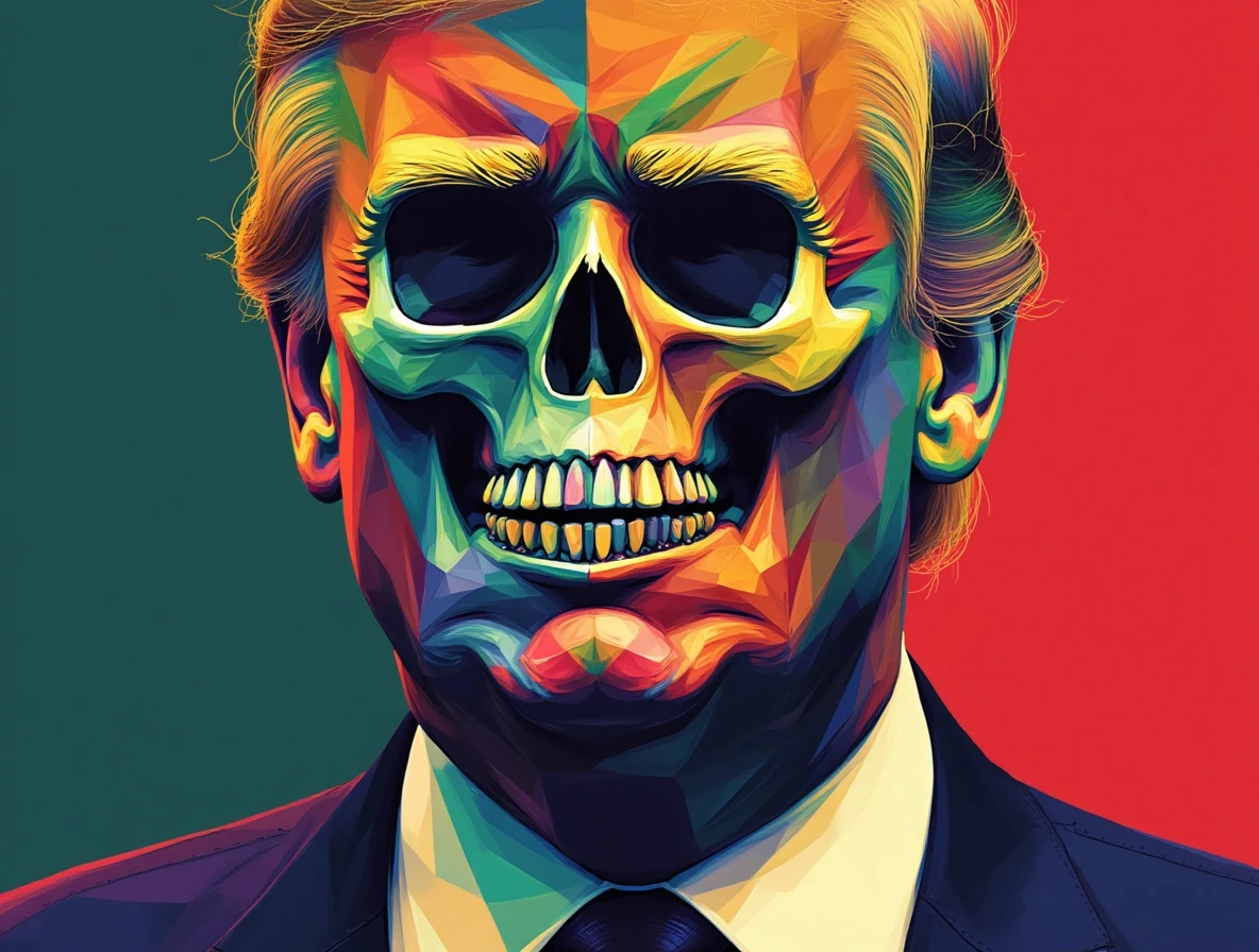 geometric tall character design, in the style of TTLDRMCHR. Donald Trump and a mexican skeleton, vibrant color background