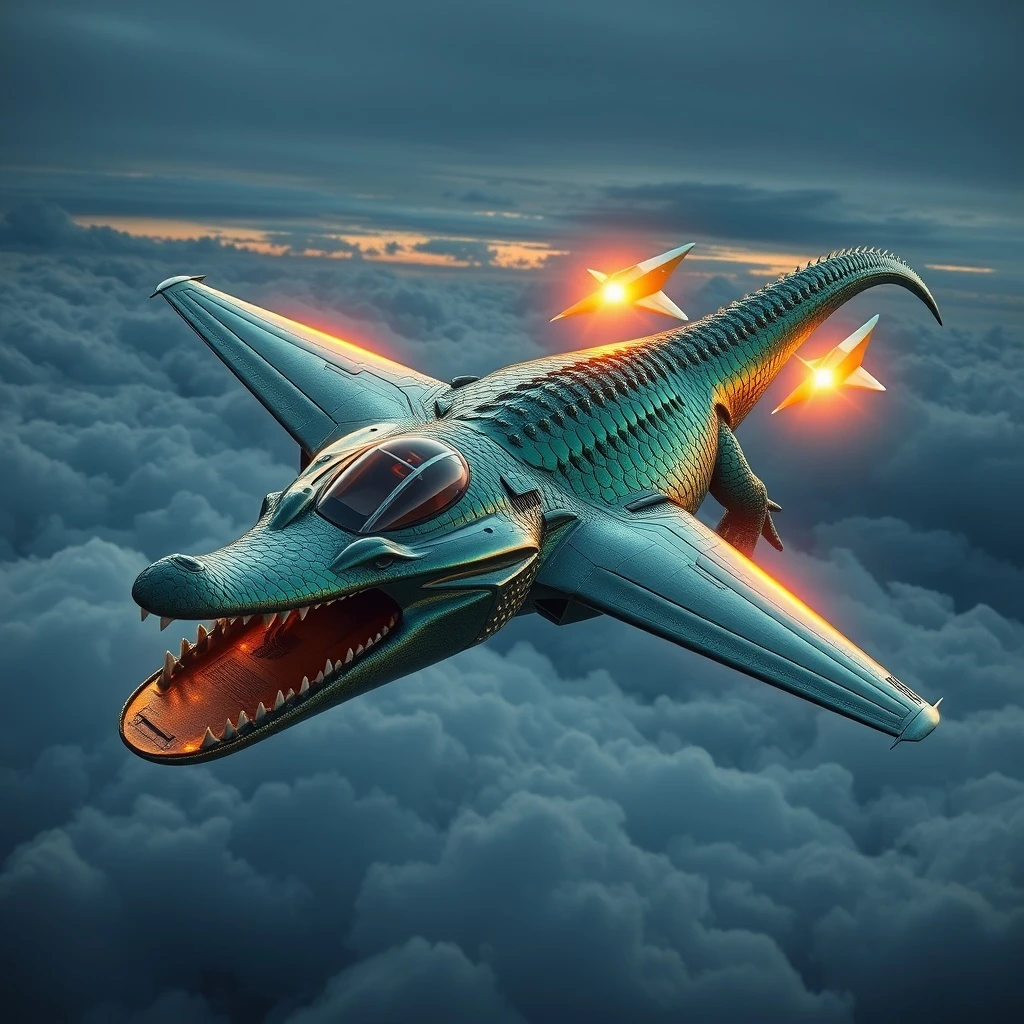 A futuristic crocodile seamlessly fused with a jet fighter: metallic emerald scales flow into a sleek titanium fuselage, razor-sharp wings extended, twin afterburners blazing orange, cockpit canopy where the reptile’s eyes would be, soaring above storm-tossed ocean clouds at dusk. Hyper-realistic, cinematic lighting, extreme detail, 8K resolution, ArtStation trending, concept art, dynamic angle, depth of field.