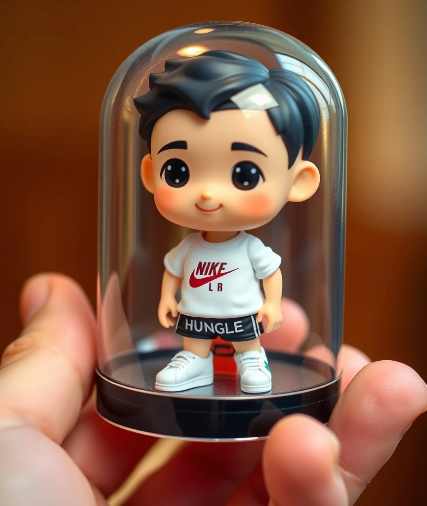 A cute, chibi-style male figurine inside a transparent capsule case, realistic lighting and depth of field, wearing a white Nike t-shirt with `HL` printed on it, black shorts with `HUNGLE` written, white Adidas sneakers, short black hair, cheerful smile, soft skin texture, held by a human hand with blurred warm background, highly detailed, realistic toy design