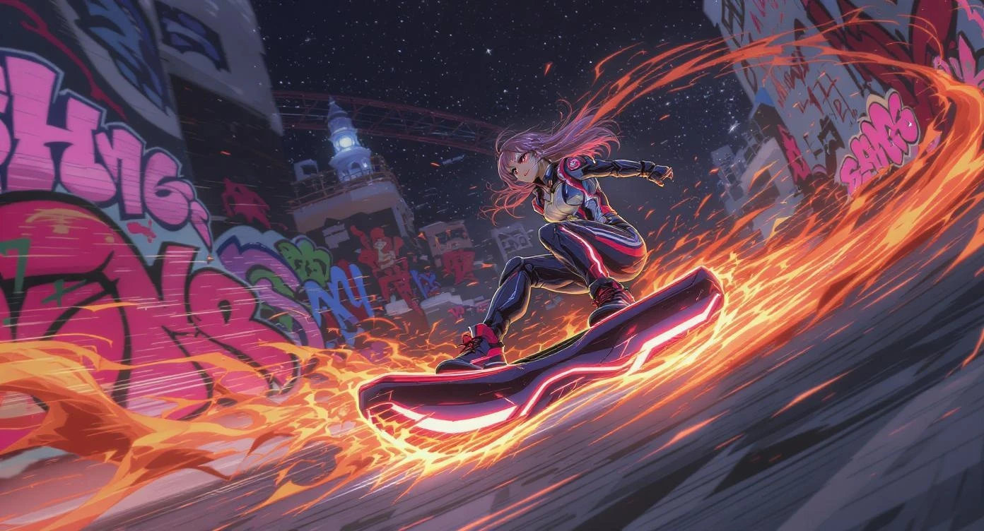 Anime racer girl on flaming hoverboard, graffiti skyline, dynamic angle