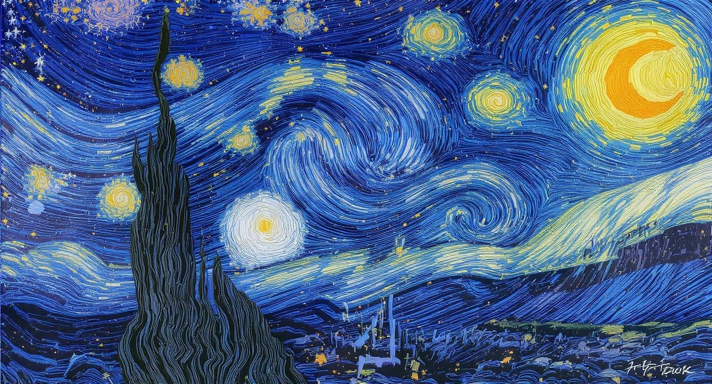 Van Gogh-style starry night ocean, thick brushstrokes, swirling waves