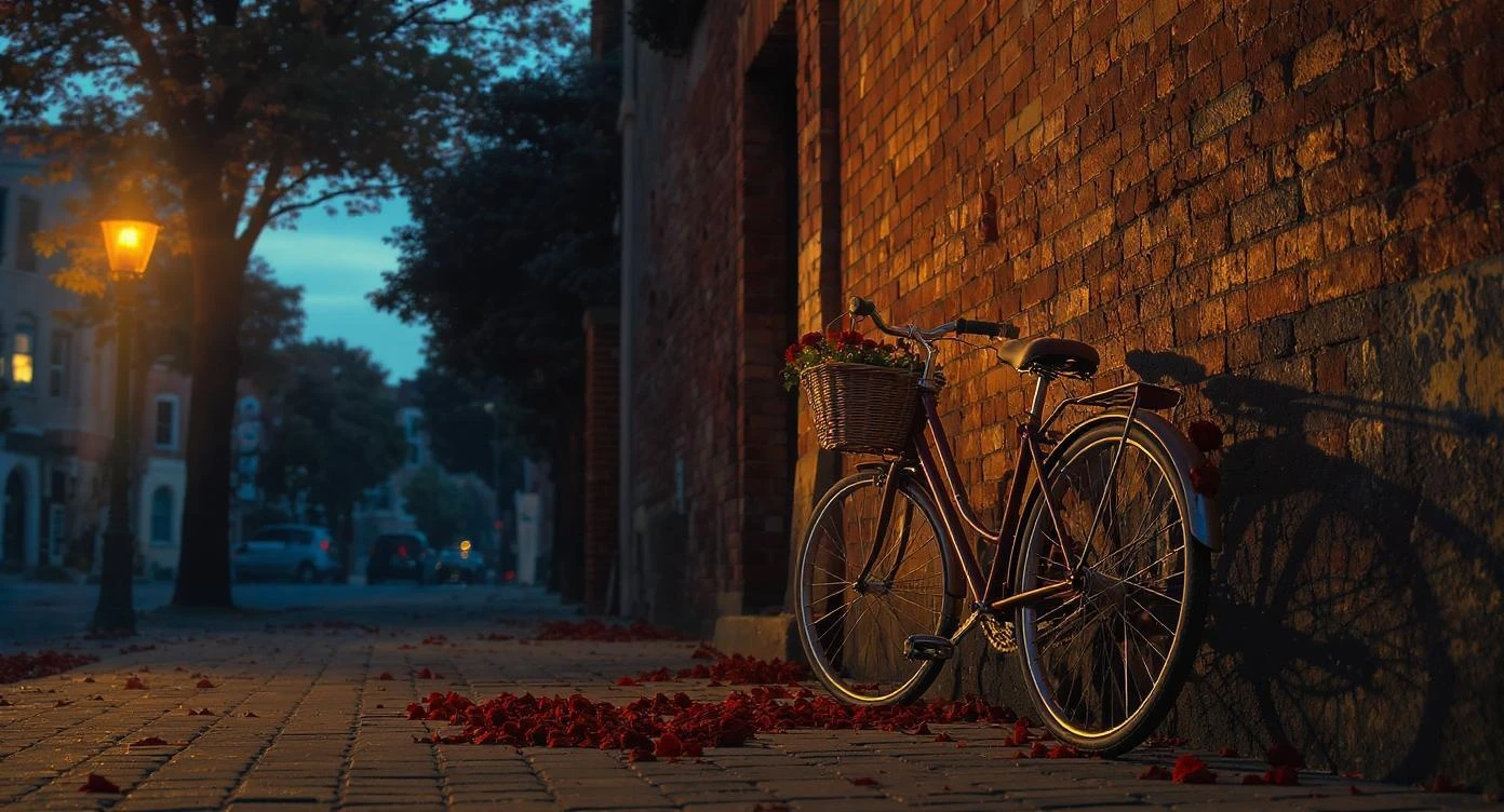 Vintage bicycle leaning against brick wall with flower basket, cobblestone street, dusk blue hour ambiance