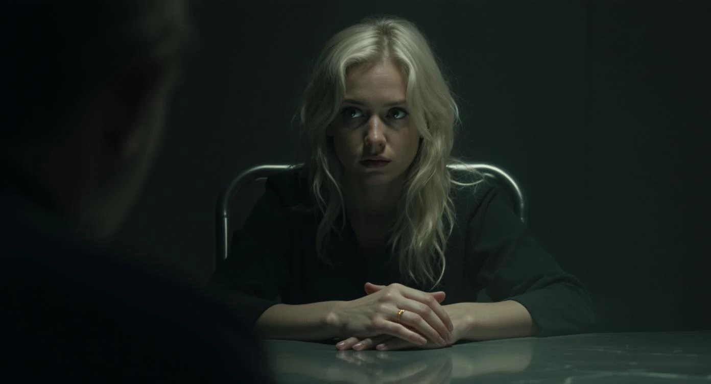 The camera begins in a dimly lit interrogation room, focusing closely on the eyes of a white woman in her early 30s. It slowly pulls back to reveal her full face—platinum blonde hair slightly disheveled, her expression calm but betraying flickers of anxiety. She sits upright in a metal chair, tense wrists resting on the cold tabletop. A harsh overhead light casts sharp shadows across her face, creating stark contrast and strong shadow lines.