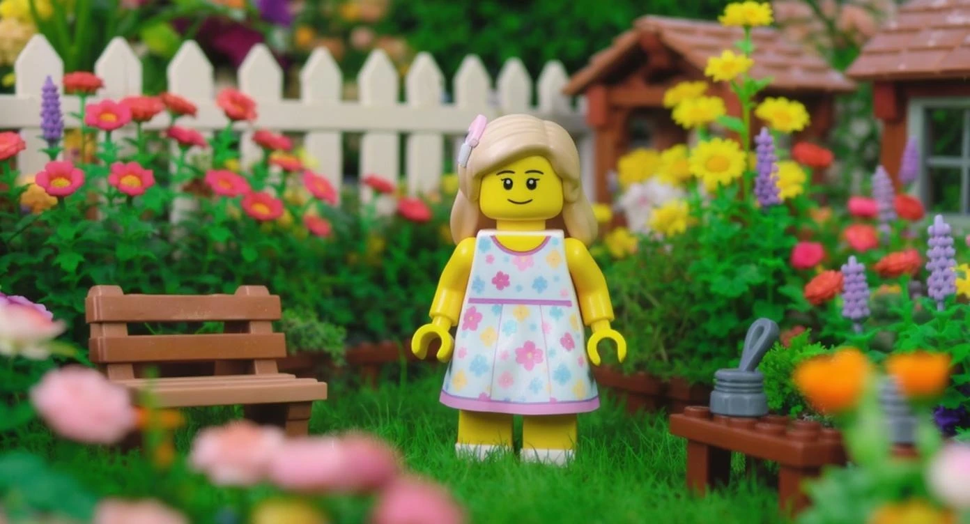 A cute lego doll with a garden background