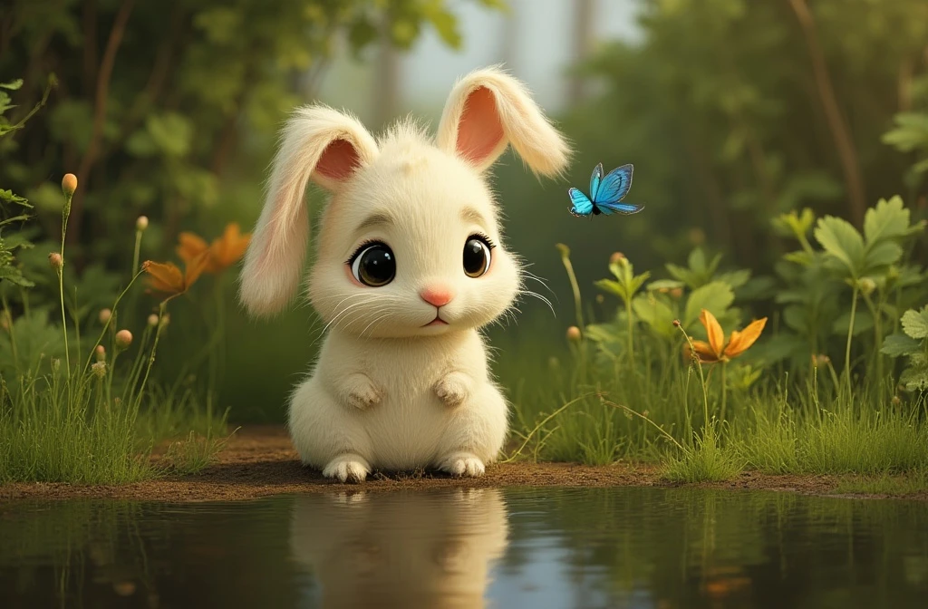 Animate a front-facing 3D bunny character (Bolota) sitting near the edge of a calm, mirrored lake. The bunny slowly blinks and lowers his head slightly in a sad expression. A gentle blue butterfly flutters slowly from the background, circles once, and lands softly on the bunny’s nose. After a second, Bolota slightly lifts his head and his ears perk up a little as his eyes widen with gentle surprise. Subtle water reflection ripples below. Soft breeze moves the leaves in the background.