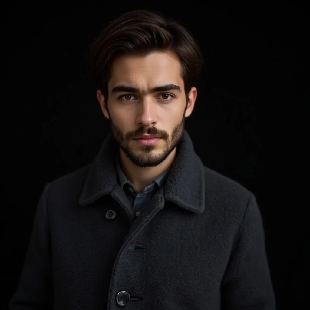 Super Realism, Headshot of handsome young man, wearing dark gray sweater with buttons and big shawl collar, brown hair and short beard, serious look on his face, black background, soft studio lighting, portrait photography --ar 85:128 --v 6.0 --style rawHeadshot of handsome young man, wearing dark gray sweater with buttons and big shawl collar, brown hair and short beard, serious look on his face, black background, soft studio lighting, portrait photography --ar 85:128 --v 6.0 --style rawHeadshot of handsome young man, wearing dark gray sweater with buttons and big shawl collar, brown hair and short beard, serious look on his face, black background, soft studio lighting, portrait photography --ar 85:128 --v 6.0 --style raw